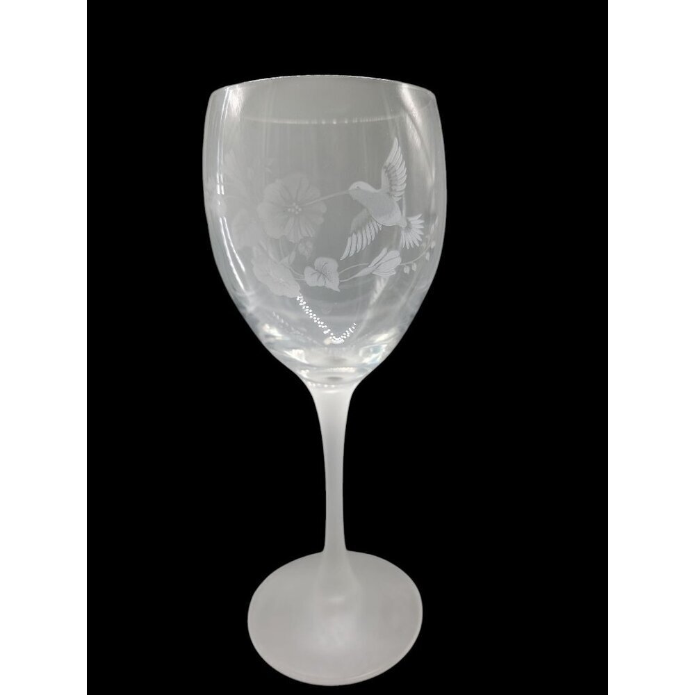 Avon Hummingbird 24% Lead Crystal Wine Goblet Satin Frosted Stem 8.5" Vintage